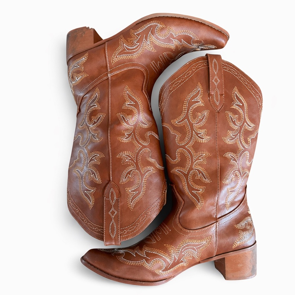 Cognac Embroidered Western Mid-Calf Boots Boho Cowgirl Rodeo Size 11.5 - Picture 8 of 10